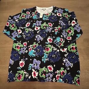 Talbots Cardigan Sweater Womens Medium Black Multicolor Floral Cotton Knit